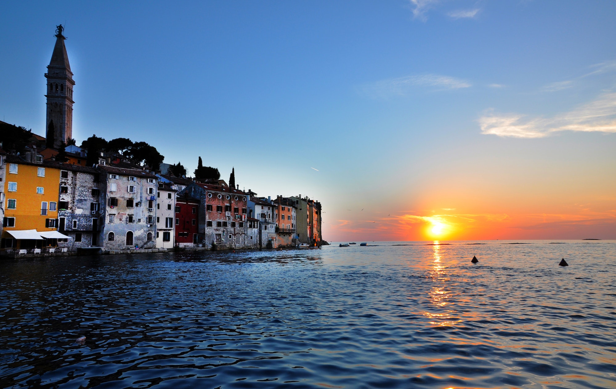 Coastal town of Rovinj and the Adriatic sea in sunset. Istria, Croatia